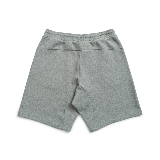 A pair of grey cotton shorts with an elastic waistband and a simple, minimalist design.