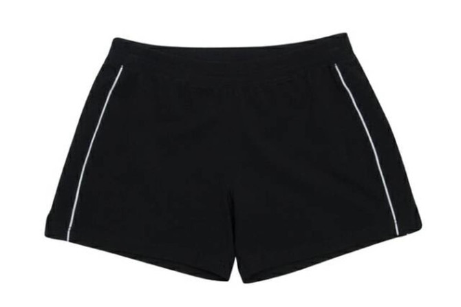 Black sports shorts featuring white side detailing and a logo.