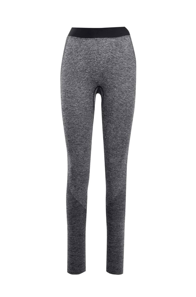 A pair of seamless leggings in shades of grey with a black waistband and a logo.