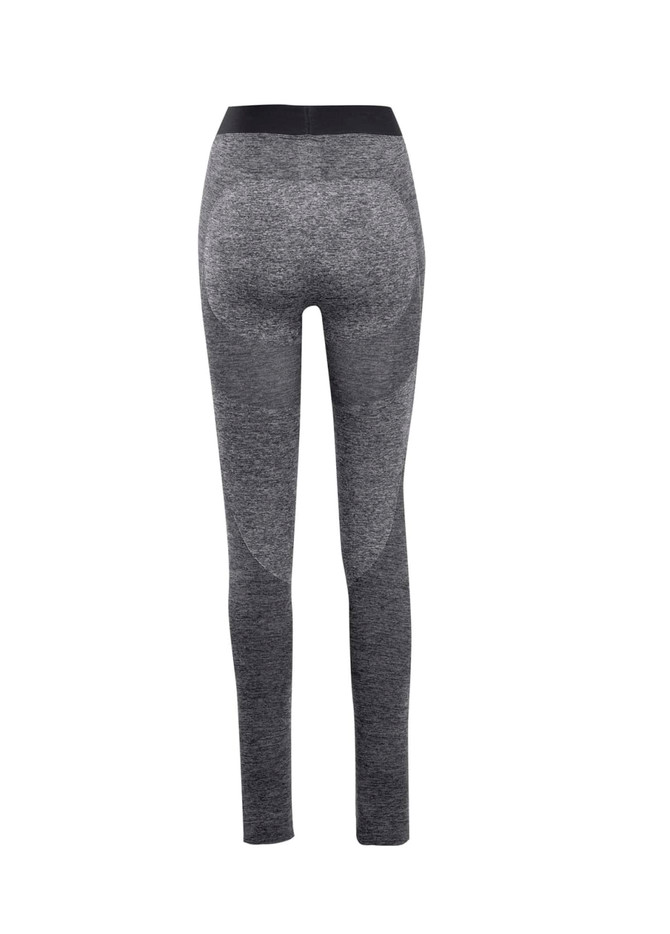 A pair of seamless leggings in a dark grey shade, featuring a stretchy waistband and a smooth finish.