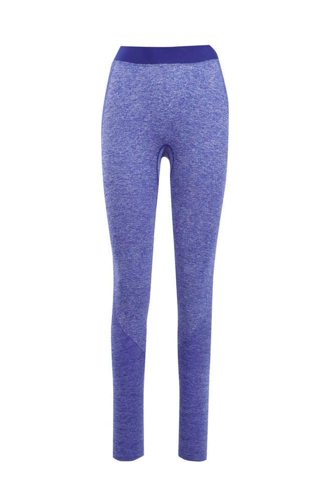A pair of seamless leggings in a rich blue hue, featuring a fitted design and a contrasting waistband.
