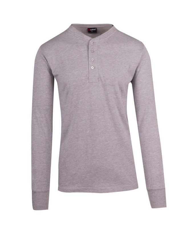 A men's long-sleeve t-shirt in light grey with a button placket, featuring a logo on the label.