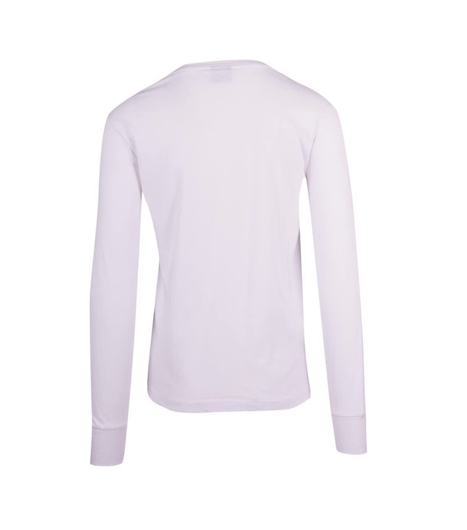 A white long-sleeve T-shirt with a simple design and a logo on the back.