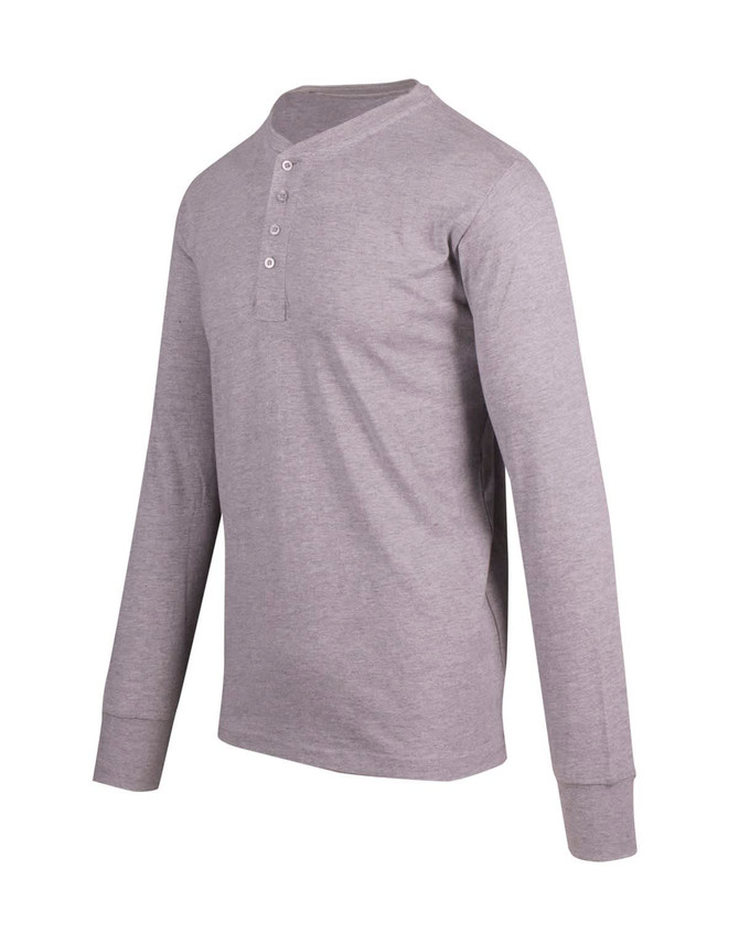A grey long-sleeve men's Hanley T-shirt featuring a buttoned placket and logo branding.