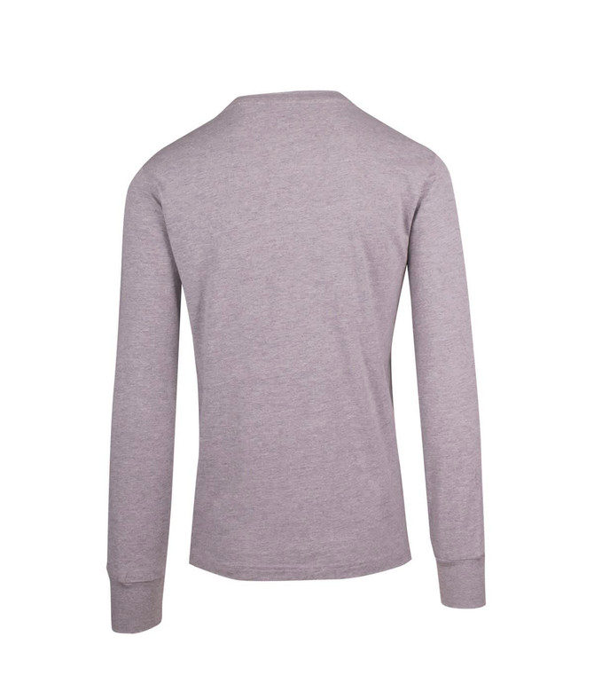 A grey long-sleeve T-shirt with a simple design and fitted cuffs at the sleeves. It features a logo on the back.