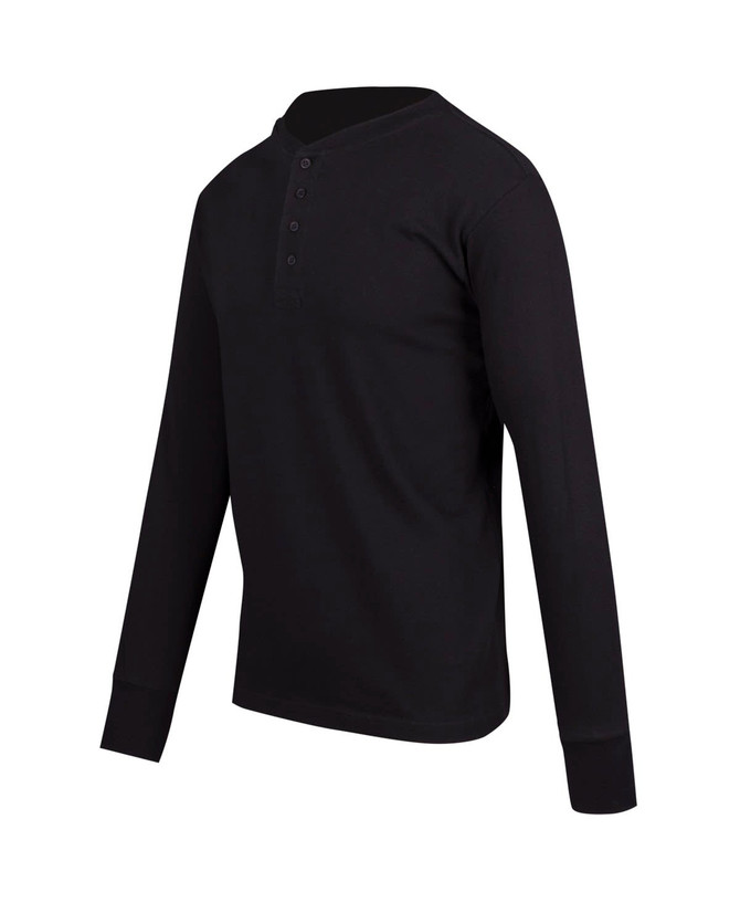 A black long-sleeve t-shirt featuring a henley neck and button detail. It has a subtle logo.