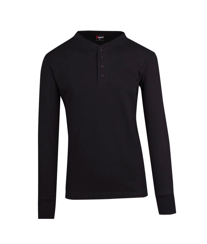 A black long-sleeve T-shirt with a henley collar and button detailing, featuring a logo.