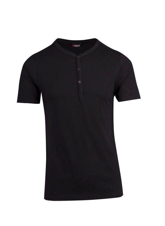 A black Men's Hanley T-shirt with short sleeves and a buttoned placket, featuring a logo on the neckline.