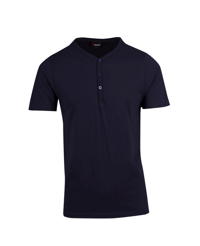 A navy blue men's Hanley T-shirt with a buttoned placket and a small pocket. It features a logo on the collar.