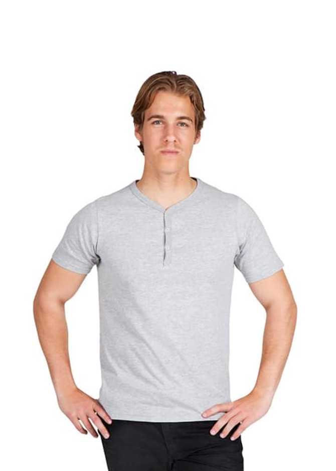 A grey men's Hanley T-shirt with a short sleeve and button detail, featuring a logo.