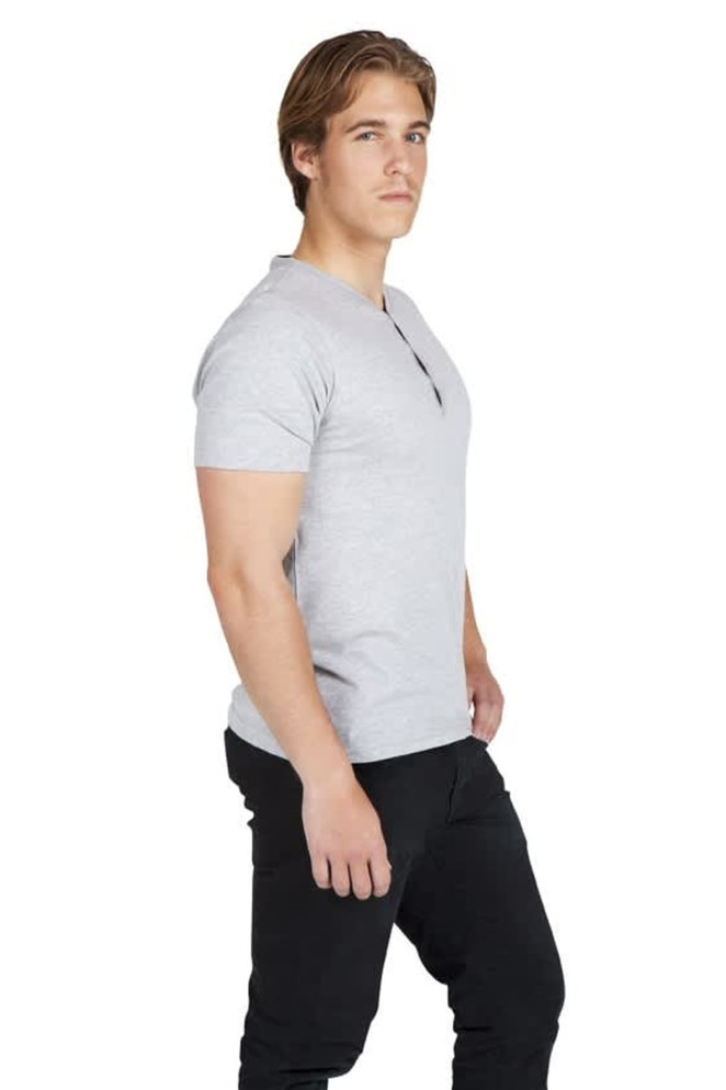 A grey Men's Hanley T-shirt is featured on a model, paired with black trousers, showcasing a modern fit.