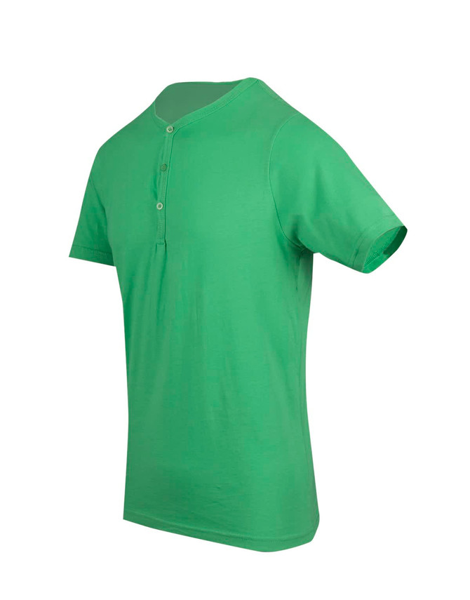 A green men's Hanley T-shirt with a crew neck and short sleeves, featuring button details at the front.