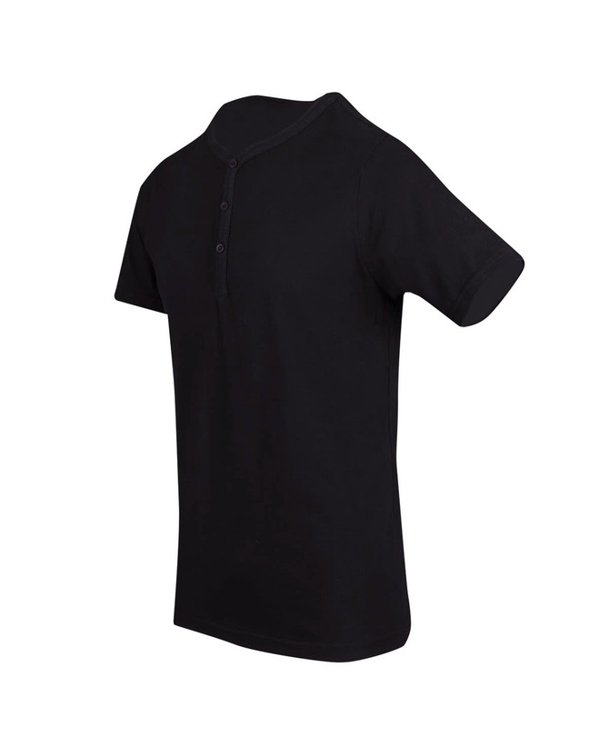 A black Men's Hanley T-shirt with short sleeves and a buttoned neck design, featuring a logo.