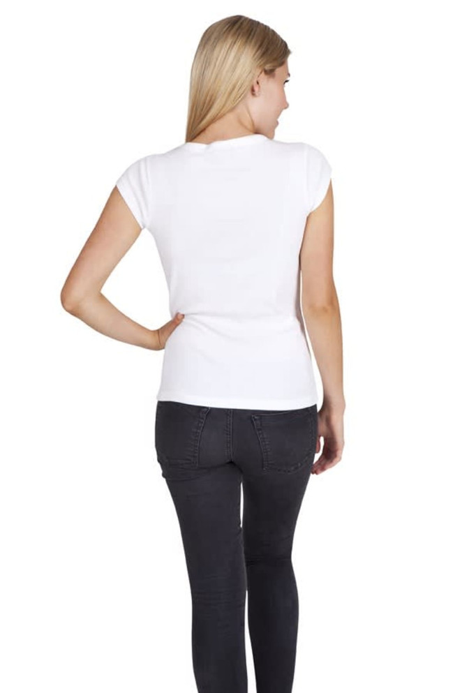 A back view of a women's white Hanley T-shirt paired with black jeans. The shirt has a simple design and a logo.