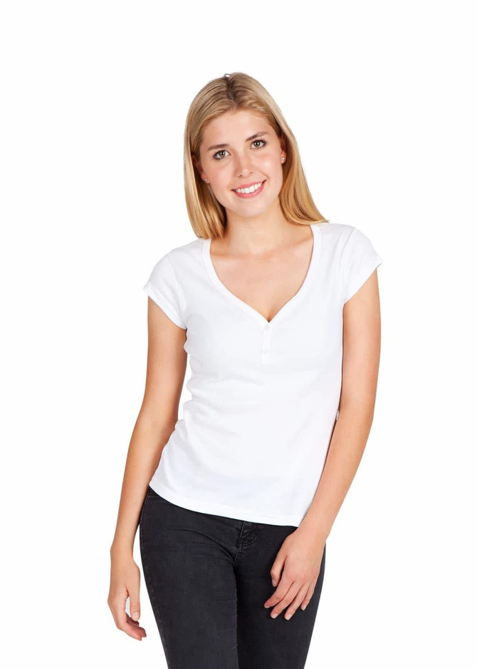 A white women's t-shirt with a v-neck and short sleeves, displayed on a model. Features a simple design.