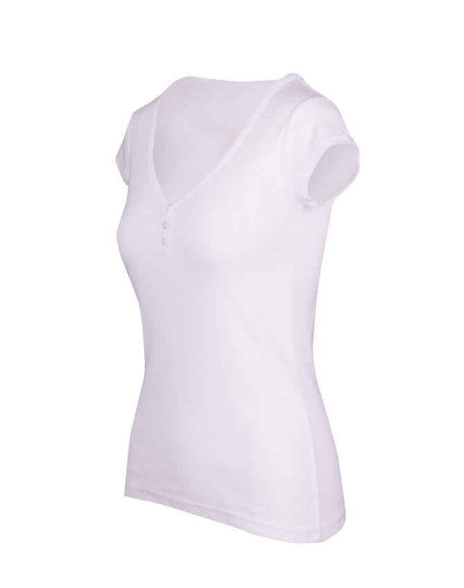 A white women's Hanley T-shirt with a V-neck and short sleeves, featuring button details and a fitted design.