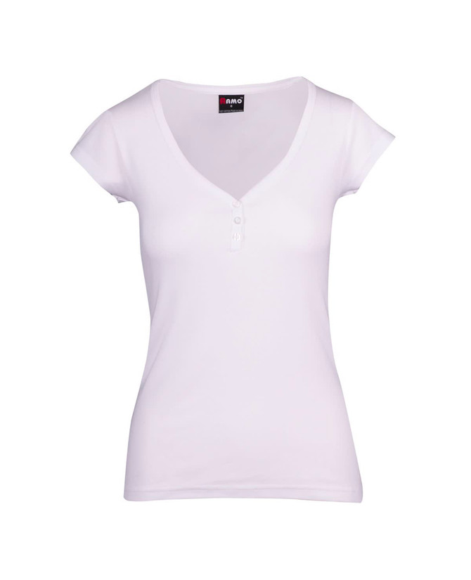 A white Women's Hanley T-shirt featuring a V-neck and cap sleeves, with a button detail and a logo.