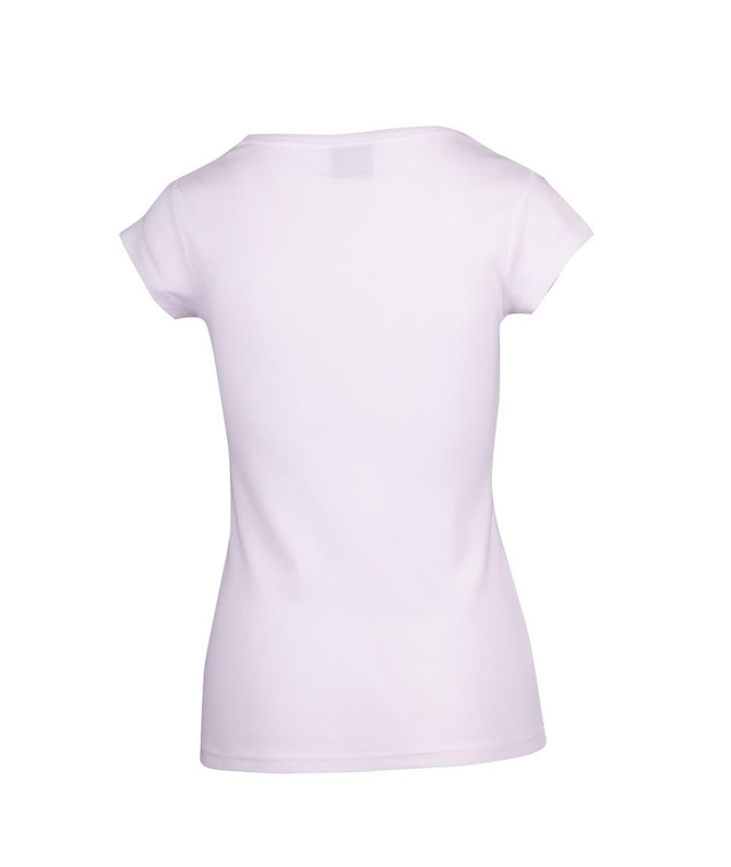 A white women's Hanley T-shirt with short sleeves, featuring a clean back design and a logo on the fabric.