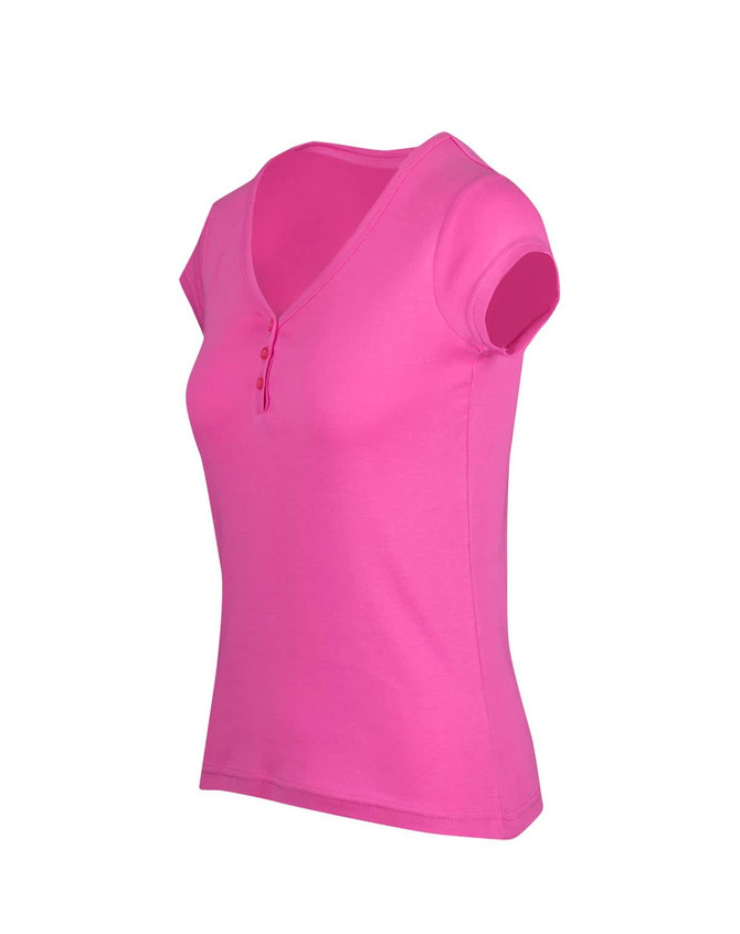A pink women's Hanley T-shirt with short sleeves and a V-neck design, featuring a button detail at the front.