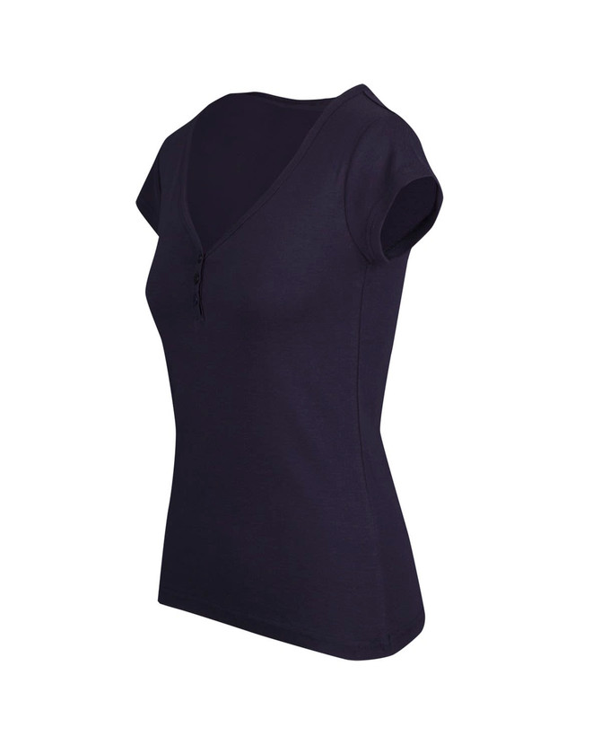 A women's navy Hanley T-shirt featuring a v-neckline and short sleeves, with a button detail.