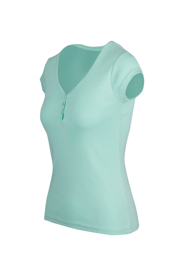 A mint green women's Hanley T-shirt with short sleeves and a V-neckline, featuring button details.