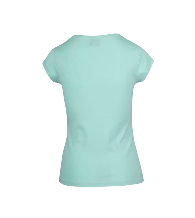 A mint green women's t-shirt with short sleeves and a fitted design, featuring a logo on the back.