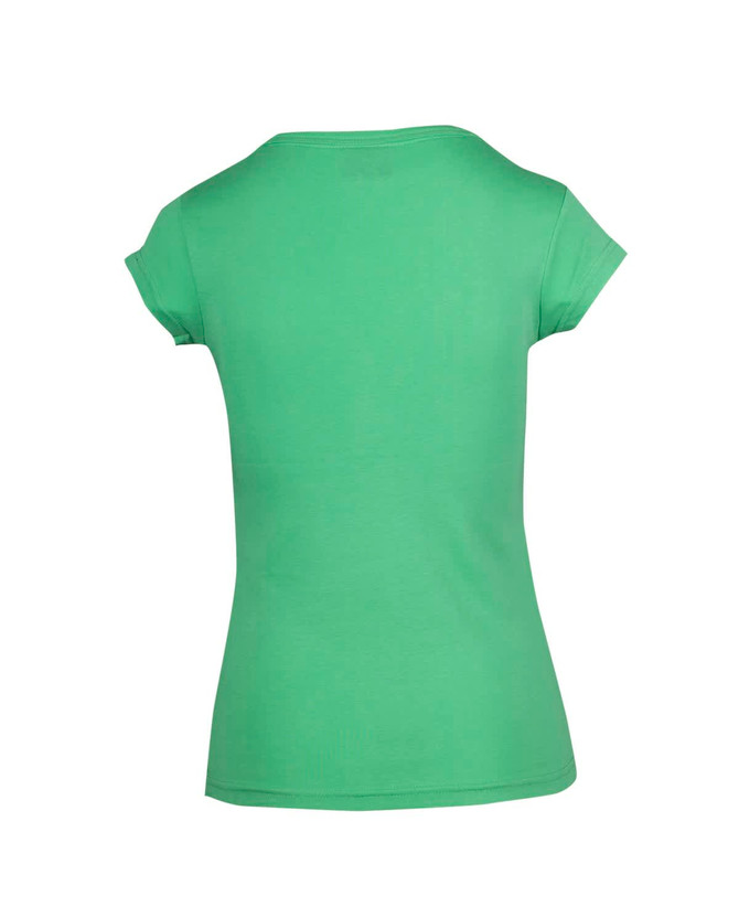 A green Women's Hanley T-shirt featuring a fitted design and cap sleeves, with a branding logo at the back.