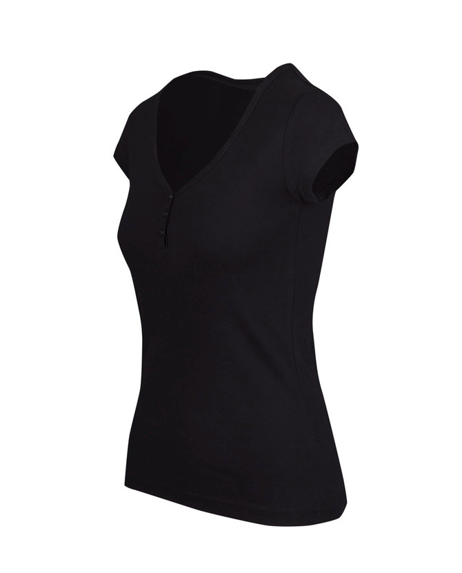 A black women's Hanley T-shirt with short sleeves and a V-neck design, featuring a small button detail.