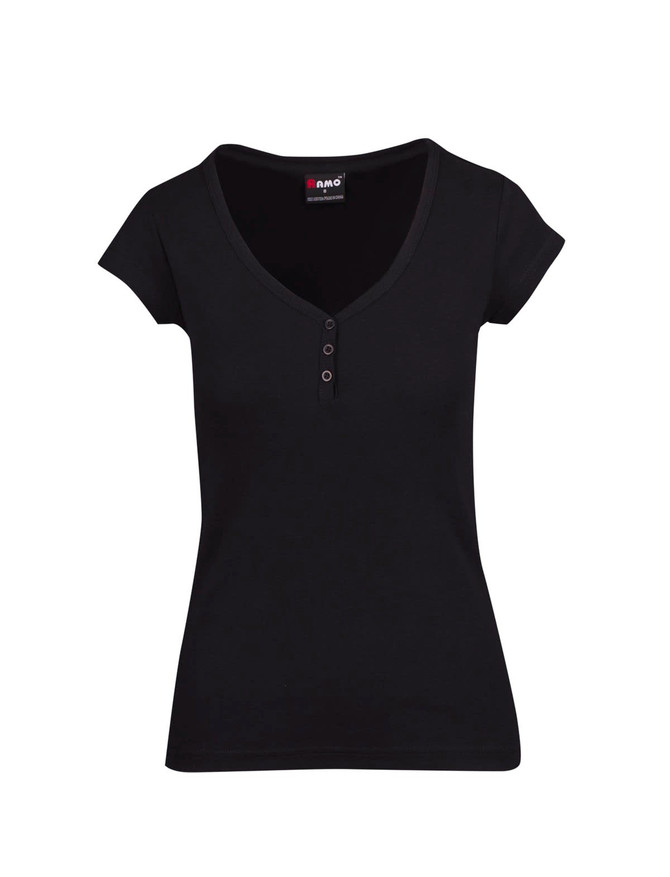 A black women's Hanley T-shirt featuring a v-neck and short sleeves, with a button detail at the neckline.