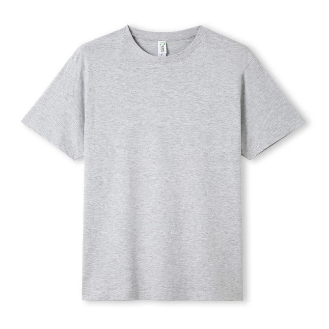 A grey unisex t-shirt with a classic crew neckline and short sleeves. It features a logo on the inside label.
