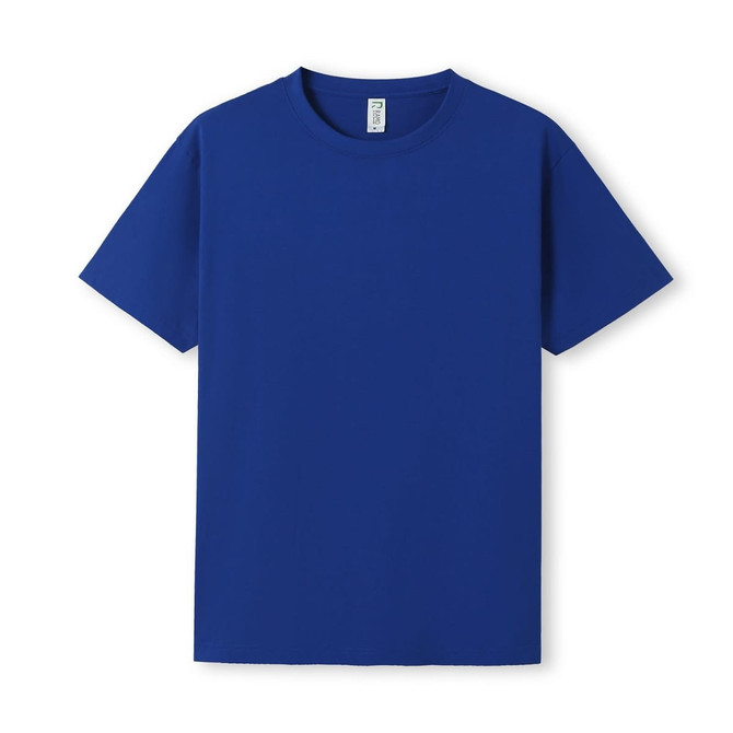 A blue unisex T-shirt with a crew neckline and a logo on the label.