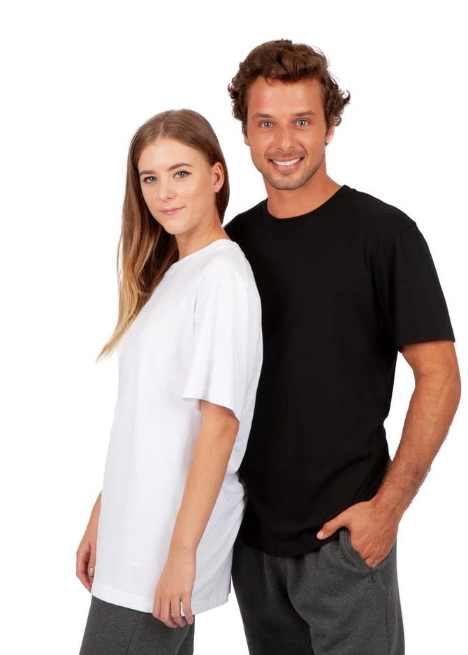 A white unisex T-shirt and a black unisex T-shirt displayed on models, featuring a simple design and relaxed fit.