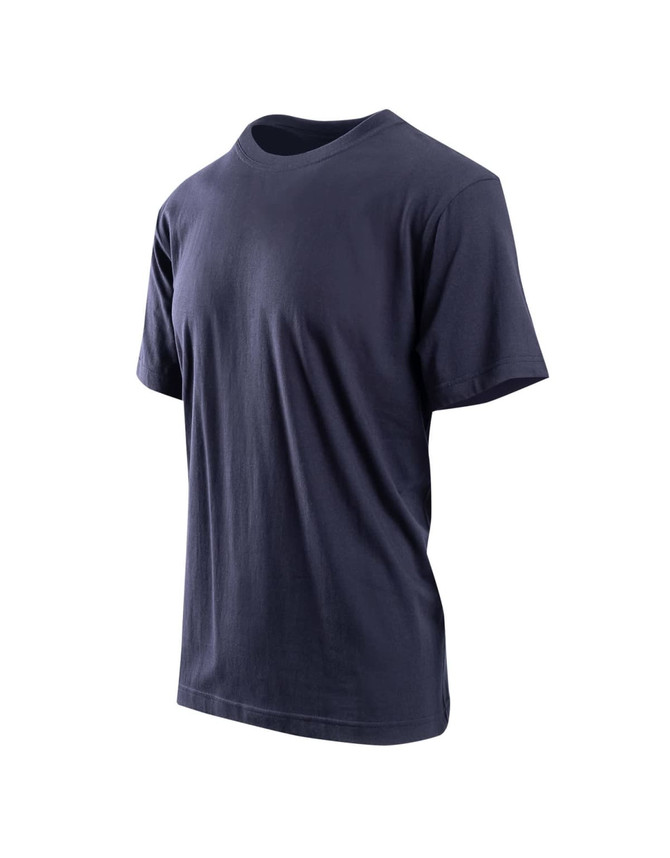A navy blue unisex t-shirt with a classic crew neck design and a plain front. It has a subtle branding tag.