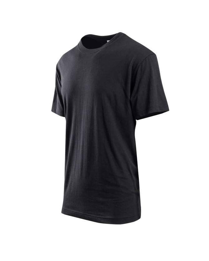 A black unisex t-shirt displayed from a slight angle. It features a simple design and has short sleeves.