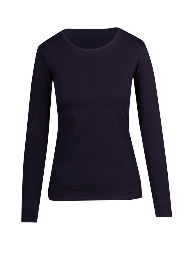 A women's long sleeve T-shirt in navy blue with a round neckline and fitted silhouette. Features a logo on the garment.
