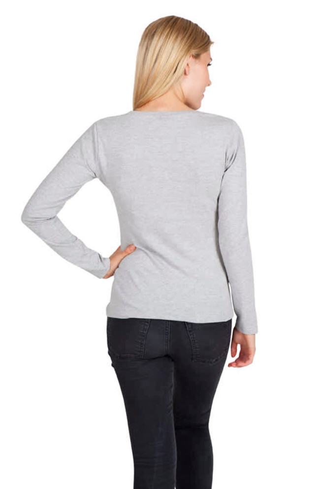 A grey women's long sleeve t-shirt viewed from the side, featuring a fitted design. It has a visible logo.