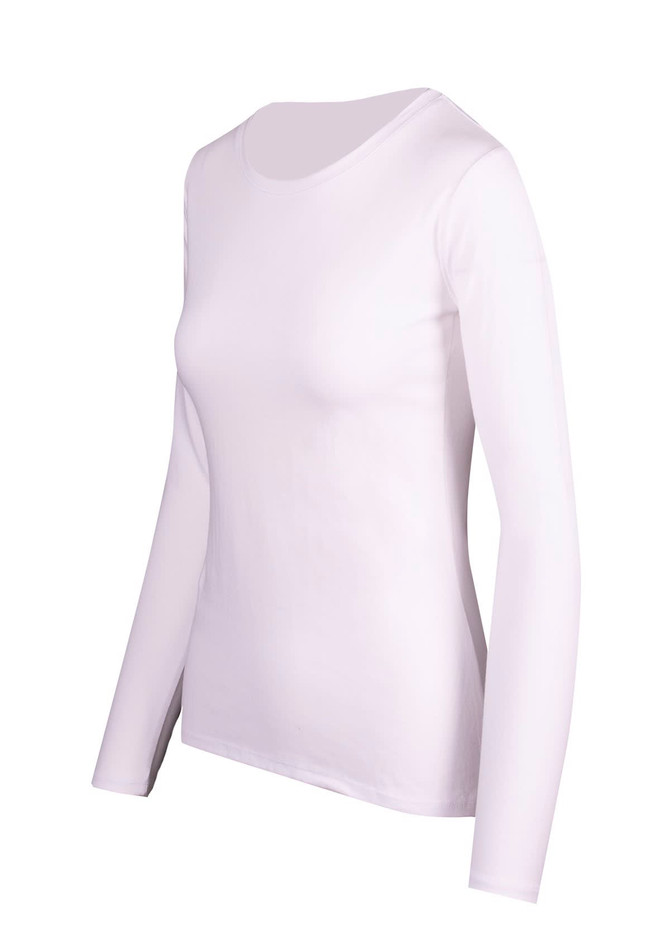A white women's long sleeve T-shirt with a simple design and a fitted silhouette.
