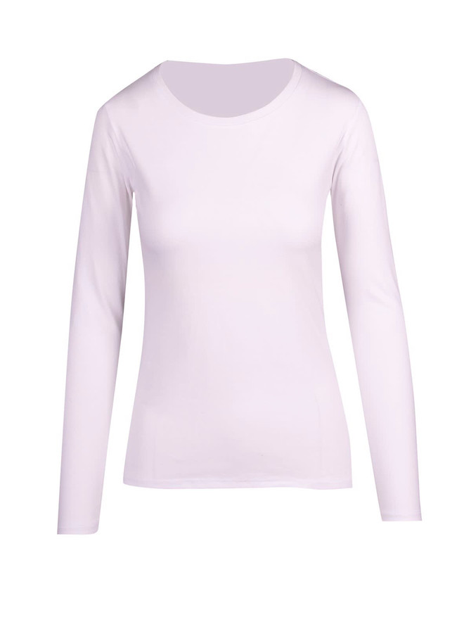 A white women's long sleeve T-shirt with a round neckline and a fitted design. It features a logo.