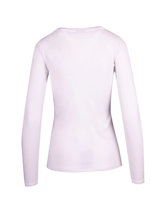 A white women's long sleeve t-shirt with a fitted design and a round neckline, featuring a logo on the back.