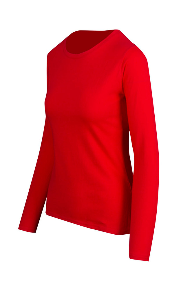 A long sleeve women's T-shirt in bright red, featuring a classic round neckline and a fitted silhouette.