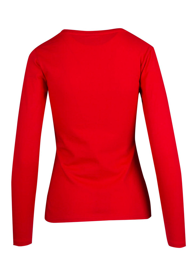 A red women's long sleeve T-shirt featuring a fitted design and a round neckline, with a logo on the back.