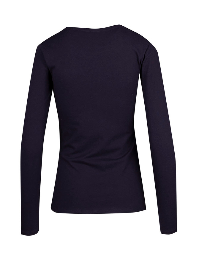 A women's long sleeve T-shirt in navy blue, featuring a fitted design and a round neckline. It has a logo on the back.