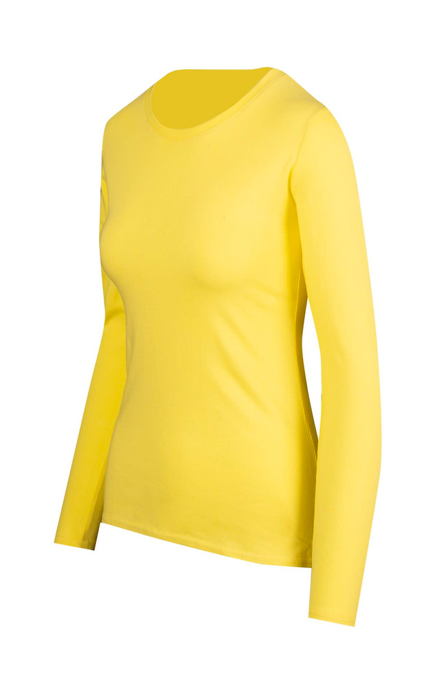 A women's long sleeve T-shirt in a bright yellow colour, featuring a fitted design and a crew neck.