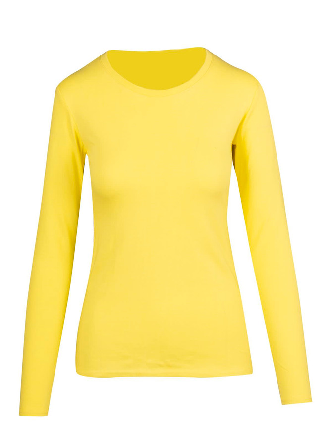 A yellow women's long sleeve T-shirt featuring a round neckline and a fitted shape. It has a logo on the garment.