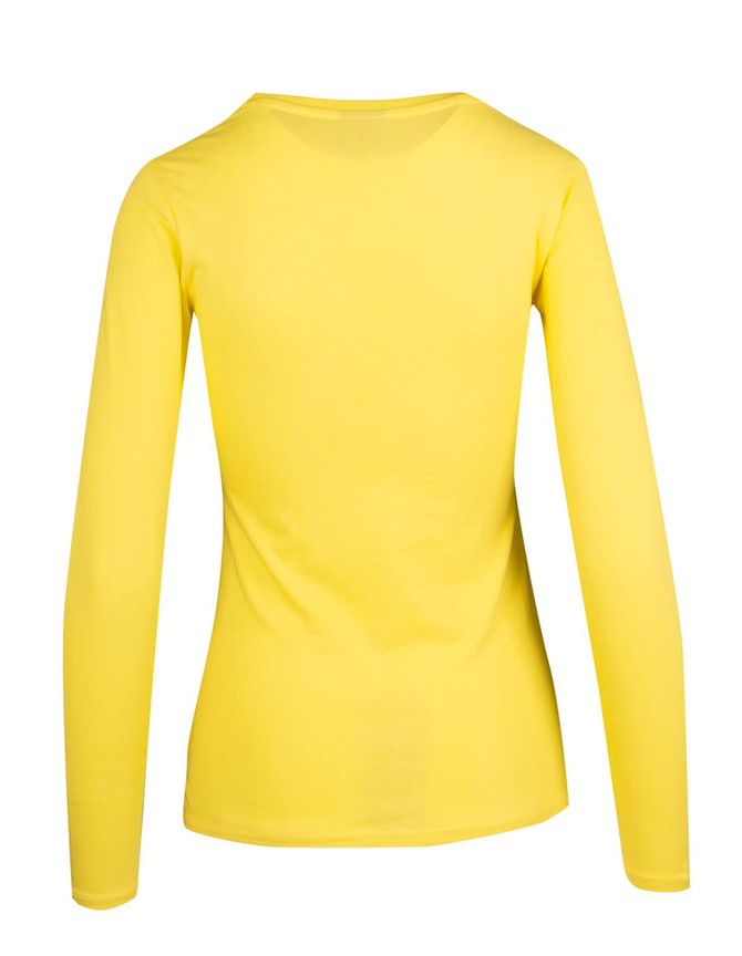 A women's long sleeve T-shirt in bright yellow with a fitted design and an attached brand logo.