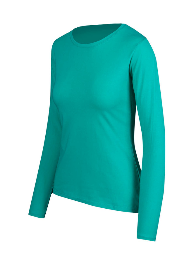 A teal women's long sleeve T-shirt featuring a round neckline and a fitted silhouette. It has a simple design.