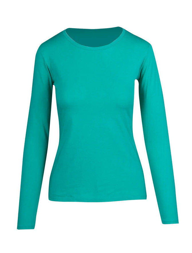 A women's long sleeve T-shirt in a vibrant teal colour, featuring a fitted design and a round neckline.
