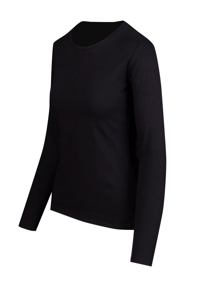 A black women's long sleeve T-shirt with a round neckline and fitted design, featuring a logo on the back.