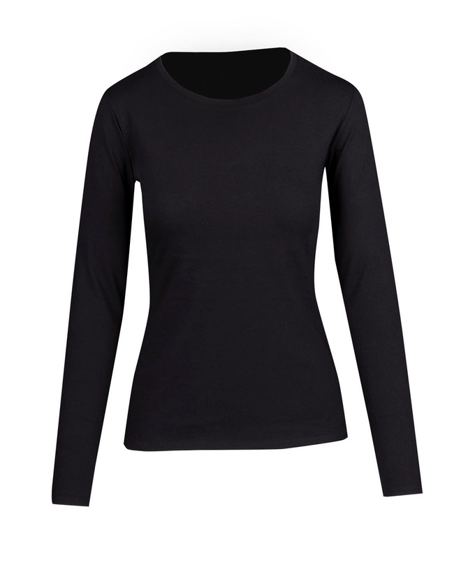 A black women's long sleeve T-shirt with a simple, fitted design and a round neckline.