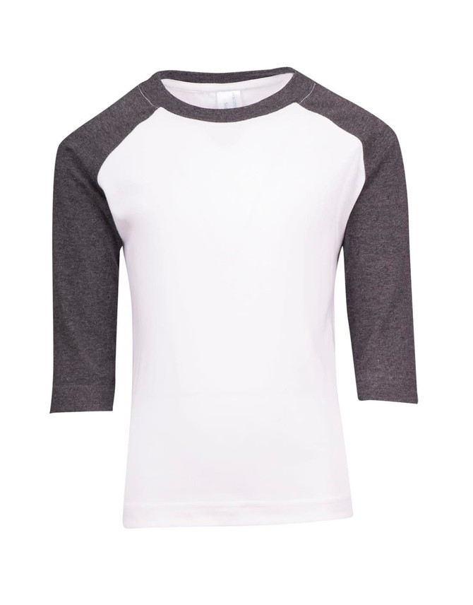 A kids’ 3/4 raglan sleeve T-shirt featuring white fabric with grey sleeves, complete with a logo.